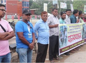 নওগাঁয় সাংবাদিকের ওপর সন্ত্রাসী হামলার প্রতিবাদে মানববন্ধন