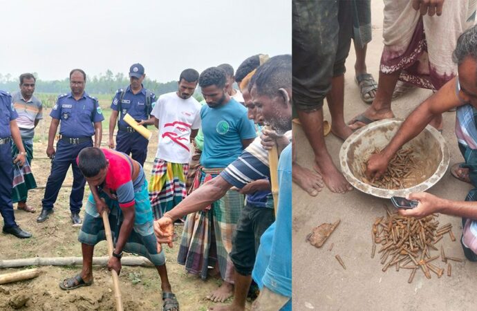 নওগাঁয় মাটির নিচে কাঠের বাক্স থেকে উদ্ধার হলো ৩২৫ রাউন্ড থ্রি-নট-থ্রি গুলি